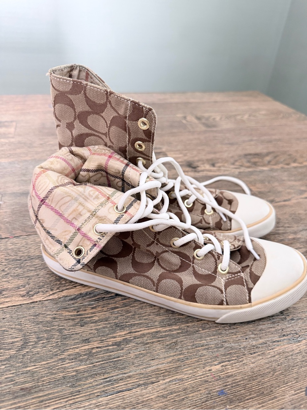 Coach Brown Signature Canvas High-Top Sneakers with Plaid Cuff